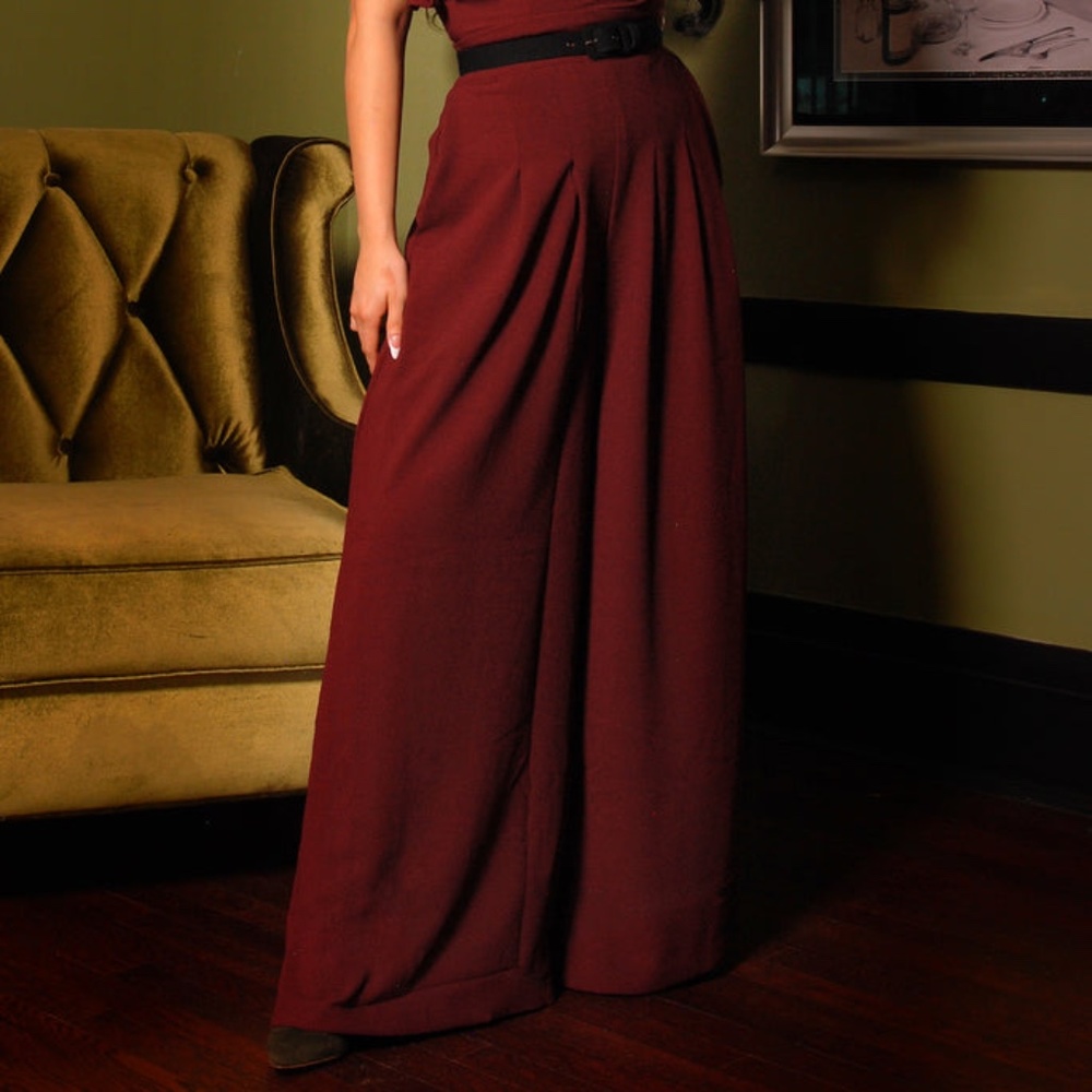NWT Pinup Girl Clothing Wide Leg Palazzo Doris Dietrich Pants in Garnet Red